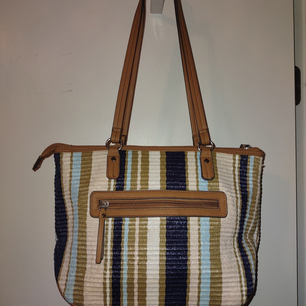 Striped Tan and Blue Women's Rossetti Tote Bag - Picture 2 of 7